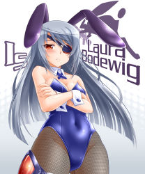 Rule 34 | 10s, 1girl, animal ears, blush, breasts, character name, cleavage, copyright name, covered navel, crossed arms, detached collar, eyepatch, fake animal ears, highres, infinite stratos, laura bodewig, leotard, long hair, medium breasts, okitakung, pantyhose, playboy bunny, rabbit ears, red eyes, silver hair, solo