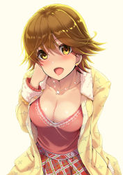 Rule 34 | :d, amari yuki, blouse, blush, breasts, brown hair, brown theme, cleavage, coat, collarbone, fur trim, hair between eyes, hand in own hair, honda mio, idolmaster, idolmaster cinderella girls, jewelry, large breasts, leaning forward, looking at viewer, necklace, open mouth, plaid, plaid skirt, red shirt, red skirt, shirt, short hair, simple background, skirt, smile, star (symbol), star necklace, tan background, upper body, yellow coat