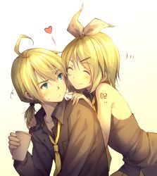 Rule 34 | 1boy, 1girl, ahoge, bare arms, bare shoulders, blonde hair, blue eyes, brother and sister, closed eyes, cup, hair ornament, hair ribbon, hairclip, heart, highres, kagamine len, kagamine rin, looking back, poking, ribbon, shirt, short twintails, siblings, simple background, smile, tattoo, tidsean, twintails, vocaloid, white background