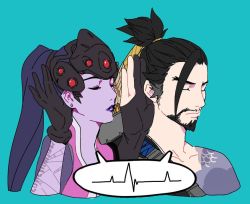 Rule 34 | 1boy, 1girl, arm tattoo, asymmetrical clothes, bandolier, bare shoulders, beard, black gloves, black hair, body writing, bodysuit, center opening, closed mouth, collarbone, commentary, earrings, facial hair, gloves, goatee, green background, hair ribbon, hand to head, hand up, hanzo (overwatch), head-mounted display, heartbeat, hu (saimens), japanese clothes, jewelry, lipstick, makeup, mustache, nose, overwatch, overwatch 1, purple hair, purple lips, ribbon, short ponytail, simple background, stud earrings, tattoo, turtleneck, visor, widowmaker (overwatch), yellow ribbon