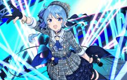 Rule 34 | 1girl, belt, beret, black gloves, blue belt, blue eyes, blue hair, blush, commentary, concept art, cowboy shot, crown, dress, fisheye, gloves, grey hat, hand up, hat, highres, holding, holding microphone, hololive, hoshimachi suisei, hoshimachi suisei (1st costume), idol, idol clothes, looking at viewer, medium hair, microphone, mini crown, open mouth, partially fingerless gloves, plaid, plaid dress, round teeth, side ponytail, smile, solo, stage, stage lights, teeth, teshima nari, thigh strap, thighhighs, virtual youtuber