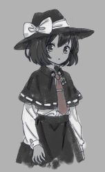 Rule 34 | 1girl, ama-tou, black hat, bow, buttons, capelet, collar, female focus, grey background, hat, hat bow, jewelry, long sleeves, looking at viewer, monochrome, necklace, ribbon-trimmed clothes, ribbon trim, shirt, short hair, skirt, sleeve cuffs, solo, spot color, touhou, usami renko