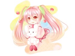 Rule 34 | 1girl, :d, cherry, chibi, detached sleeves, hugging doll, food, fruit, hair ornament, hatsune miku, long hair, looking at viewer, necktie, hugging object, open mouth, pleated skirt, sakura miku, skirt, smile, solo, stuffed animal, stuffed rabbit, stuffed toy, transparent background, twintails, villyane, vocaloid