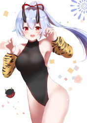 Rule 34 | 1girl, :d, absurdres, armpits, bare shoulders, black leotard, blue hair, blush, collarbone, commentary request, covered collarbone, cowboy shot, detached sleeves, fang, fate/grand order, fate (series), hair ribbon, heattech leotard, high ponytail, highres, horns, leotard, long hair, long sleeves, looking at viewer, oni, oni horns, open mouth, ponytail, puffy long sleeves, puffy sleeves, red eyes, red ribbon, ribbon, shibakame, sidelocks, simple background, smile, solo, teeth, tomoe gozen (fate), turtleneck, upper teeth only, very long hair, white background, yellow sleeves