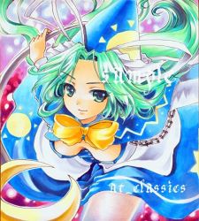 Rule 34 | 1girl, at classics, bow, breasts, cleavage, crescent, dress, female focus, ghost, ghost tail, green eyes, green hair, hat, long hair, marker (medium), matching hair/eyes, mima (touhou), ribbon, sample watermark, smile, solo, touhou, touhou (pc-98), traditional media, watermark, wizard hat