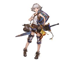 Rule 34 | 10s, 1girl, bag, belt, bike shorts, dress, farrah (granblue fantasy), full body, granblue fantasy, grey eyes, jewelry, knee pads, looking at viewer, minaba hideo, necklace, official art, open mouth, shield, shoes, short dress, short hair, shorts, sleeveless, smile, solo, standing, transparent background, weapon, white hair