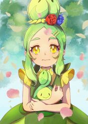 Rule 34 | 1girl, blue flower, budew, closed mouth, commentary request, creature and personification, creatures (company), day, dress, eyelashes, falling petals, flower, game freak, gen 4 pokemon, green dress, green hair, hair flower, hair ornament, hairclip, highres, holding, holding pokemon, looking at viewer, nintendo, outdoors, parted bangs, personification, petals, pokemon, pokemon (creature), red flower, shirt, short sleeves, sidelocks, uyumaru art, yellow eyes, yellow shirt