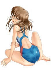 Rule 34 | 1girl, back, brown eyes, brown hair, character request, competition swimsuit, fingernails, from behind, glasses, jewelry, looking back, one-piece swimsuit, pantylines, ring, short hair, simple background, sitting, smile, solo, swimsuit, tanaka ekisu, wedding band, wedding ring