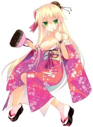 Rule 34 | 1girl, arikawa satoru, bag, blonde hair, bow, bracelet, breasts, cleavage, closed mouth, floral print, flower knight girl, full body, green eyes, hair bow, hair bun, japanese clothes, jewelry, kimono, long hair, looking at viewer, medium breasts, pink bow, pink kimono, print kimono, ryuzetsuran (flower knight girl), simple background, single hair bun, smile, solo, tabi, very long hair, white background