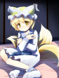 Rule 34 | 1girl, aged down, blonde hair, blush, child, commentary, covering privates, dark, embarrassed, eyes visible through hair, feet, female focus, fox tail, frown, hat, indoors, looking back, multiple tails, niiya, short hair, shy, sitting, socks, solo, tabi, tail, touhou, white socks, yakumo ran, yellow eyes
