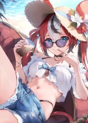 1girl absurdres animal_ears beach bikini bikini_under_clothes black_hair bracelet bubble_tea cutoffs day ears_through_headwear hakos_baelz hat highleg highleg_bikini highres hololive hololive_english jewelry klopsiak looking_at_viewer mouse_ears mouse_girl mouse_tail multicolored_hair navel outdoors red_hair shorts smile solo streaked_hair sunglasses swimsuit tail twintails virtual_youtuber white_hair