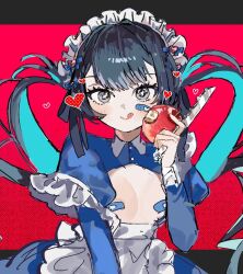 Rule 34 | 1girl, :q, apple, apron, bandaid, bandaids on nipples, black hair, blue dress, blue hair, blush, breast cutout, breasts, colored inner hair, commentary, dress, food, framed breasts, frilled hairband, frills, fruit, grey eyes, hairband, heart, holding, holding food, holding fruit, holding knife, inu totemo, knife, letterboxed, long hair, looking at viewer, maid, maid apron, maid headdress, multicolored hair, original, outside border, pasties, small breasts, solo, symbol-only commentary, tongue, tongue out, twintails, two-tone hair, upper body, white apron, white hairband, white headdress