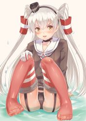Rule 34 | &gt;:), 10s, 1girl, amatsukaze (kancolle), bad id, bad pixiv id, black panties, blush, cameltoe, choker, dress, feet, garter straps, gloves, hairband, hand on own knee, highres, kantai collection, long hair, looking at viewer, no shoes, panties, pantyshot, personification, red thighhighs, sailor dress, school uniform, serafuku, short dress, silver hair, sitting, solo, striped clothes, striped thighhighs, thighhighs, toes, twintails, two side up, underwear, v-shaped eyebrows, white gloves, yellow eyes, yizhirenben