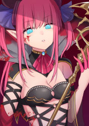 Rule 34 | 1girl, alternate hairstyle, blood, blue eyes, breasts, carmilla (cosplay), carmilla (fate), cleavage, cosplay, elizabeth bathory (fate), elizabeth bathory (fate), empty eyes, fate/extra, fate/extra ccc, fate/grand order, fate (series), karokuchitose, long hair, looking at viewer, pink hair, pointy ears, tagme, weapon