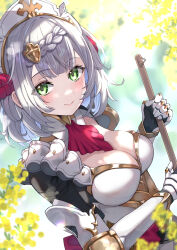 Rule 34 | 1girl, absurdres, armor, ascot, braid, breasts, broom, cleavage, closed mouth, commentary, flower, genshin impact, green eyes, grey hair, hair flower, hair ornament, highres, holding, holding broom, maid headdress, medium breasts, noelle (genshin impact), red ascot, red flower, red rose, rose, short hair, shoulder armor, smile, solo, upper body, wanatsu 15