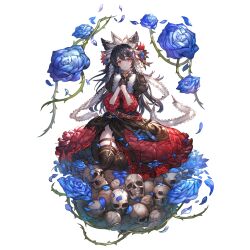 Rule 34 | 1girl, animal ears, black gloves, black hair, black thighhighs, blue flower, blue rose, closed mouth, dress, flower, gloves, granblue fantasy, hands on own chest, hands up, long hair, looking at viewer, minaba hideo, nier (granblue fantasy), official art, own hands together, petals, puffy sleeves, red eyes, rose, skull, solo, thighhighs, thorns, transparent background