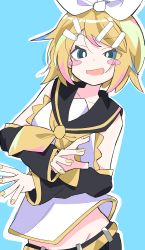 Rule 34 | 1girl, absurdres, arm warmers, bare shoulders, black collar, blonde hair, blue background, blue eyes, blush stickers, bow, collar, commentary, crop top, groin, hair bow, hair ornament, hairclip, highres, kagamine rin, looking at viewer, n40a1, nail polish, neckerchief, open mouth, raised eyebrow, sailor collar, school uniform, shirt, short hair, simple background, sleeveless, sleeveless shirt, smile, solo, swept bangs, upper body, vocaloid, white bow, white shirt, yellow nails, yellow neckerchief