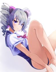 Rule 34 | 1girl, bare legs, blue eyes, bow, bronya zaychik, commentary, crop top, crossed bangs, drill hair, earrings, hair bow, highres, honkai (series), honkai impact 3rd, jewelry, legs, long hair, looking at viewer, neckerchief, one-piece swimsuit, parted lips, sailor collar, school swimsuit, sidelocks, silver hair, simple background, sitting, solo, swimsuit, swimsuit under clothes, twin drills, yamabuki0