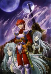 Rule 34 | 1boy, 2girls, adol christin, ancient ys vanished, armor, blue eyes, blue hair, bracelet, dress, feena (ys), gloves, harmonica, holding, holding instrument, instrument, jewelry, katagawa kae, leather, leather gloves, long hair, moon, multiple girls, necklace, parted bangs, reah (ys), red hair, scabbard, sheath, sheathed, short hair, short sleeves, shoulder armor, signature, tower, white dress, ys