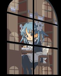 Rule 34 | 1girl, :o, apron, blue eyes, blue hair, book, bookshelf, bow, chair, commentary, desk, dot nose, english commentary, frilled apron, frills, from side, hand up, indoors, jaggy lines, kasuga (kasuga39), library, looking down, lowres, maid, maid apron, no shoes, oekaki, open book, open mouth, pantyhose, pixel art, puzzle piece, reading, sitting, solo, tareme, twintails, white apron, white bow, wikipe-tan, wikipedia, window