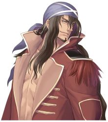 Rule 34 | 10s, 1boy, bandana, black hair, dylan (shining hearts), dylan lohen, earrings, facial hair, fur trim, goatee, hair between eyes, jacket, jewelry, long hair, looking away, lowres, male focus, official art, open clothes, open jacket, pectorals, pirate, sega, shining (series), shining hearts, sidelocks, simple background, smile, solo, tony taka, upper body, white background, yellow eyes