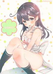 Rule 34 | 10s, 1girl, ahoge, alternate costume, apron, between legs, black hair, black socks, blush, breasts, character name, cleavage, embarrassed, full body, hand between legs, kantai collection, knees together feet apart, large breasts, long hair, naked apron, no bra, no panties, open mouth, polka dot, polka dot background, socks, solo, suzuho hotaru, tearing up, thighs, twitter username, ushio (kancolle)