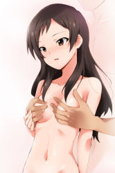Rule 34 | 10s, 1boy, 1girl, black hair, blush, grabbing another&#039;s breast, breasts, brown eyes, completely nude, grabbing, grabbing from behind, groping, hetero, highres, idolmaster, idolmaster million live!, kaiga, kitazawa shiho, long hair, navel, nude, open mouth, out-of-frame censoring, out of frame, shiny skin, small breasts, solo focus