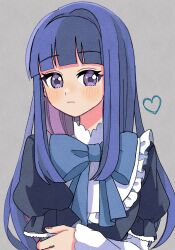 Rule 34 | 1girl, blue bow, blue bowtie, blue hair, blunt bangs, blush, bow, bowtie, closed mouth, crossed arms, expressionless, eyelashes, fingernails, frederica bernkastel, frilled sleeves, frills, grey background, heart, highres, long hair, nauka, puffy sleeves, purple eyes, sideways glance, simple background, solo, straight hair, two-tone dress, umineko no naku koro ni, upper body, white sleeves
