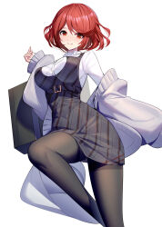 Rule 34 | 1girl, blush, breasts, closed mouth, commentary request, dress, feet out of frame, grey dress, grey jacket, hair between eyes, hand up, highres, jacket, large breasts, long sleeves, looking at viewer, off shoulder, open clothes, open jacket, pantyhose, puffy long sleeves, puffy sleeves, pyra (xenoblade), red eyes, red hair, ririko (zhuoyandesailaer), shirt, short hair, simple background, sleeveless, sleeveless dress, sleeves past wrists, smile, solo, thighband pantyhose, white background, white shirt, xenoblade chronicles (series), xenoblade chronicles 2