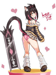 Rule 34 | 1girl, ahoge, animal ears, animal hood, ass, black hair, black jacket, braid, brown footwear, camisole, cat ears, cat girl, cat hood, cat tail, character name, closed mouth, clothes lift, commentary, cougar (cougar1404), from behind, full body, grey skirt, hair intakes, heart, hood, hood down, hooded jacket, jacket, kneepits, leo (cougar1404), lifted by tail, loafers, looking at viewer, looking back, loose socks, miniskirt, mole, mole under eye, multicolored hair, off shoulder, original, panties, pantyshot, pink hair, pink panties, plaid, plaid skirt, pleated skirt, shoes, short hair, side braids, skirt, skirt lift, smile, socks, solo, standing, sword, tail, twin braids, two-tone hair, underwear, weapon, white camisole, white socks, yellow eyes