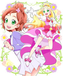 Rule 34 | 2girls, alternate eye color, blonde hair, bow, choker, cure flora, dual persona, earrings, flower, frilled skirt, frills, gloves, go! princess precure, green eyes, hair ornament, half updo, haruno haruka, highres, jewelry, long hair, looking at viewer, magical girl, multicolored hair, multiple girls, n hirune, open mouth, outstretched arm, pink hair, pink skirt, precure, puffy sleeves, red hair, ribbon, school uniform, short hair, skirt, smile, streaked hair, time paradox, two-tone hair, waist bow, wavy hair, white skirt