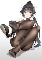 Rule 34 | 1girl, :o, absurdres, arm at side, arm support, azur lane, bare shoulders, black footwear, black hair, black pantyhose, blush, bow, breasts, buta tamako, collarbone, commentary request, elbow gloves, eyelashes, feet, fingerless gloves, fingernails, foot focus, foreshortening, gloves, gradient background, hair bow, hair ears, hair flaps, high heels, highres, holding, holding shoes, impossible clothes, knees up, long hair, looking at viewer, multicolored leotard, nail polish, no shoes, open mouth, pantyhose, pink nails, ponytail, race queen, reclining, shoes, unworn shoes, sidelocks, sitting, soles, solo, takao (azur lane), takao (full throttle charmer) (azur lane), toes, turtleneck, two-tone leotard, unitard, very long hair, white bow, white gloves