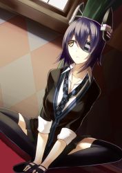 Rule 34 | 10s, 1girl, checkered clothes, checkered necktie, checkered neckwear, curtains, dutch angle, eyepatch, fingerless gloves, gloves, headgear, indian style, kantai collection, kauto, looking away, necktie, personification, purple hair, school uniform, short hair, sitting, skirt, solo, tenryuu (kancolle), thighhighs, window, yellow eyes