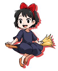 Rule 34 | 1girl, black dress, black hair, bow, broom, broom riding, dated, dress, full body, hair bow, hairband, kiki (majo no takkyuubin), majo no takkyuubin, open mouth, red bow, short hair, simple background, smile, solo, white background, yuuya (blue scarab)