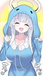 Rule 34 | 1girl, ^ ^, ahegao, alternate costume, blue archive, blue pajamas, breasts, closed eyes, collarbone, halo, heart, highres, hood, hoodie, mechanical halo, mikishiro, noa (blue archive), pajamas, shirt, simple background, sleepwear, solo, translation request, upper body, white halo, white shirt