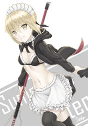 Rule 34 | 1girl, absurdres, apron, artoria pendragon (alter swimsuit rider) (second ascension) (fate), artoria pendragon (fate), artoria pendragon (swimsuit archer) (fate), bikini, bikini top only, black bikini, black bow, black jacket, black ribbon, black thighhighs, blonde hair, bow, bowtie, braid, breasts, broom, choker, cleavage, crown braid, fate/grand order, fate (series), floating hair, frilled apron, frills, gun, hair between eyes, hair ribbon, hakuya kung, highres, holding, holding broom, holding gun, holding weapon, hood, hooded jacket, jacket, looking at viewer, maid, maid bikini, maid headdress, navel, open clothes, open jacket, ribbon, short hair, side-tie bikini bottom, small breasts, solo, standing, stomach, swimsuit, thighhighs, unconventional maid, weapon, white apron, white background, yellow eyes