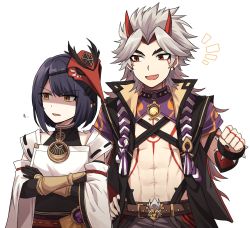 Rule 34 | 1boy, 1girl, abs, arataki itto, belt, black hair, black nails, bodypaint, crossed arms, detached sleeves, facepaint, fang, genshin impact, gradient hair, grey hair, highres, horns, japanese clothes, kujou sara, lix (iroiro3843), long hair, mask, mask on head, multicolored hair, nail polish, open mouth, parted lips, red eyes, red hair, shaded face, short hair, simple background, spikes, tassel, upper body, vision (genshin impact), white background, wide sleeves, yellow eyes