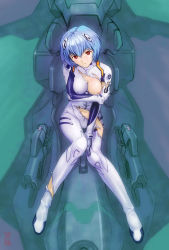 Rule 34 | 1girl, artist name, ayanami rei, between legs, blue hair, bodysuit, bracer, breast slip, breasts, cameltoe, cockpit, covered erect nipples, entry plug, expressionless, full body, gloves, groin, hair between eyes, hair ornament, hand between legs, head tilt, highres, holding own arm, impossible clothes, interface headset, knees together feet apart, kobayashi yuji, large breasts, long legs, looking at viewer, navel, neon genesis evangelion, nipples, no bra, one breast out, pilot suit, plugsuit, red eyes, scan, short hair, sitting, solo, thigh gap, torn bodysuit, torn clothes, turtleneck
