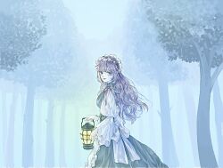 Rule 34 | 1girl, apron, back bow, blonde hair, blue dress, blue eyes, bow, dress, fog, forest, hairband, holding, holding lantern, konnyakutarooou, lantern, lolita hairband, long hair, looking at viewer, maid apron, nature, open mouth, original, outdoors, pink bow, smile, solo, standing, tree, waist apron, wavy hair, white apron, white bow