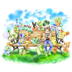 Rule 34 | 1boy, :d, bench, bird, black hair, blue sky, brown eyes, bulbasaur, charmander, chespin, chikorita, chimchar, claws, closed eyes, closed mouth, collarbone, collared shirt, commentary, commentary request, creature, creatures (company), cyndaquil, day, denim, fennekin, flame-tipped tail, froakie, game boy, game boy (original), game freak, gen 1 pokemon, gen 2 pokemon, gen 3 pokemon, gen 4 pokemon, gen 5 pokemon, gen 6 pokemon, grass, hair between eyes, handheld game console, happy, heart, heart of string, ibui matsumoto, jeans, legendary pokemon, lying, mew (pokemon), mudkip, mythical pokemon, nintendo, on stomach, one eye closed, open mouth, orange eyes, oshawott, pants, pikachu, piplup, pokemon, pokemon (creature), pokemon rgby, red (pokemon), red eyes, running, shirt, shoes, short sleeves, sitting, sky, sleeping, smile, sneakers, snivy, squirtle, starter pokemon trio, tepig, torchic, totodile, treecko, turtwig