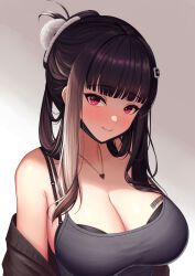 Rule 34 | 1girl, abeen jhong, barcode, barcode tattoo, bare shoulders, black bra, black dress, black hair, blunt bangs, blush, bra, breast tattoo, breasts, closed mouth, collarbone, d (killer wife) (nikke), d (nikke), dongtan dress, dress, goddess of victory: nikke, hair ornament, hairclip, heart, heart necklace, highres, jewelry, large breasts, long bangs, long hair, looking at viewer, meme attire, necklace, official alternate costume, red eyes, smile, solo, sweater, tattoo, underwear, upper body