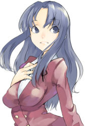 Rule 34 | 00s, 1girl, :d, blue eyes, blue hair, blush, breasts, buttons, hand on own chest, kawashima ami, large breasts, long sleeves, looking up, matching hair/eyes, mikage sekizai, open mouth, parted lips, school uniform, simple background, smile, solo, toradora!, white background