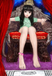Rule 34 | 1girl, barefoot, black hair, child, crown, feet, foreshortening, ponsuke (pon00000), sitting, solo, throne