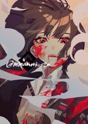 Rule 34 | 1girl, black coat, black hair, blood, blood on clothes, blood on face, coat, collared shirt, floating hair, highres, limbus company, looking at viewer, minamori 120, open mouth, project moon, red eyes, ryoshu (project moon), shirt, short hair, smoke, solo, white shirt