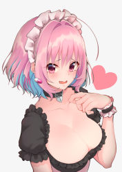 Rule 34 | 1girl, ahoge, alternate costume, blue hair, breasts, cleavage, collar, collarbone, commentary request, earrings, fang, grey background, heart, idolmaster, idolmaster cinderella girls, jewelry, kemololi, large breasts, looking at viewer, maid headdress, multicolored hair, open mouth, pill earrings, pink eyes, pink hair, short hair, simple background, solo, two-tone hair, upper body, yumemi riamu