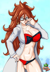 Rule 34 | 1girl, 7th-heaven, adjusting eyewear, android, android 21, big hair, black-framed eyewear, black nails, blue background, blue eyes, bra, breasts, brown hair, cleavage, curly hair, curvy, cyborg, dragon ball, dragon ball fighterz, earrings, female focus, glasses, gluteal fold, hand on eyewear, hand on own hip, hoop earrings, huge breasts, jewelry, lab coat, lingerie, long hair, looking at viewer, multicolored bra, multicolored clothes, multicolored panties, nail polish, navel, panties, solo, stomach, thick thighs, thighs, underwear