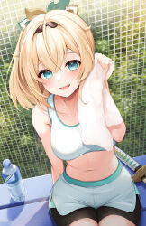 Rule 34 | 1girl, alternate costume, bare shoulders, bench, blonde hair, blue eyes, blush, bottle, breasts, chain-link fence, commentary request, cowboy shot, day, dutch angle, fence, highres, holding, holding towel, hololive, katana, kazama iroha, looking at viewer, medium breasts, medium hair, midriff, miyagi ratona, navel, on bench, open mouth, outdoors, sheath, sheathed, short shorts, shorts, sitting, smile, solo, sports bra, sportswear, sweat, sword, tareme, towel, twitter username, virtual youtuber, water bottle, watermark, weapon, white sports bra, wiping sweat