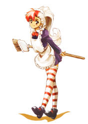 Rule 34 | 1girl, apron, blush, broom, ghost sweeper mikami, inuzuka shiro, leaning forward, long hair, looking at viewer, maid, maid apron, multicolored hair, ponytail, red hair, simple background, smile, solo, striped clothes, striped thighhighs, thighhighs, two-tone hair, white background, white hair