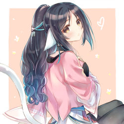 Rule 34 | 1girl, ainu clothes, animal ears, aquaplus, arm up, black hair, blush, breasts, brown eyes, cat tail, cowboy shot, gradient eyes, hair between eyes, hand on own chest, head tilt, high ponytail, kuon (utawarerumono), kuon apprentice, long hair, long sleeves, looking at viewer, medium breasts, multicolored eyes, pantyhose, parted lips, ponytail, raised eyebrows, sidelocks, sitting, skirt, solo, tail, utawarerumono, utawarerumono: itsuwari no kamen, utawarerumono: lost flag, very long hair, wavy hair, white tail, wide sleeves, yami nabe23
