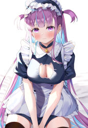Rule 34 | 1girl, absurdres, ahoge, alternate costume, apron, bed sheet, bell, black choker, black dress, black thighhighs, blue hair, blunt bangs, blush, breasts, cat cutout, choker, cleavage, cleavage cutout, clothing cutout, colored inner hair, commentary, dress, enmaided, furrowed brow, highres, hololive, jingle bell, large breasts, light blue hair, long hair, looking at viewer, maid, maid apron, maid headdress, minato aqua, multicolored hair, neck bell, pink eyes, pink hair, short sleeves, sitting, solo, streaked hair, thighhighs, two-tone hair, two side up, very long hair, virtual youtuber, yamamoto (ymmt is sexy)